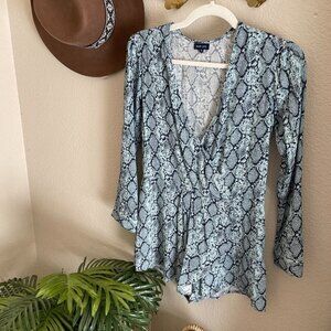 Blue Life Reptile Animal Print Long Sleeve Faux Wrap Shorts Romper Date Night